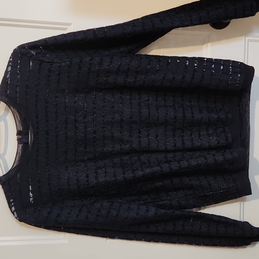 Ann Taylor Medium Navy Blue Lace Sheer Long Sleeve Top